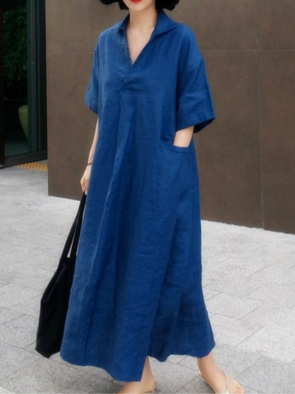 Solid cotton linen maxi shirt dress loose fit V-neck A-line silhouette breathable everyday summer casual