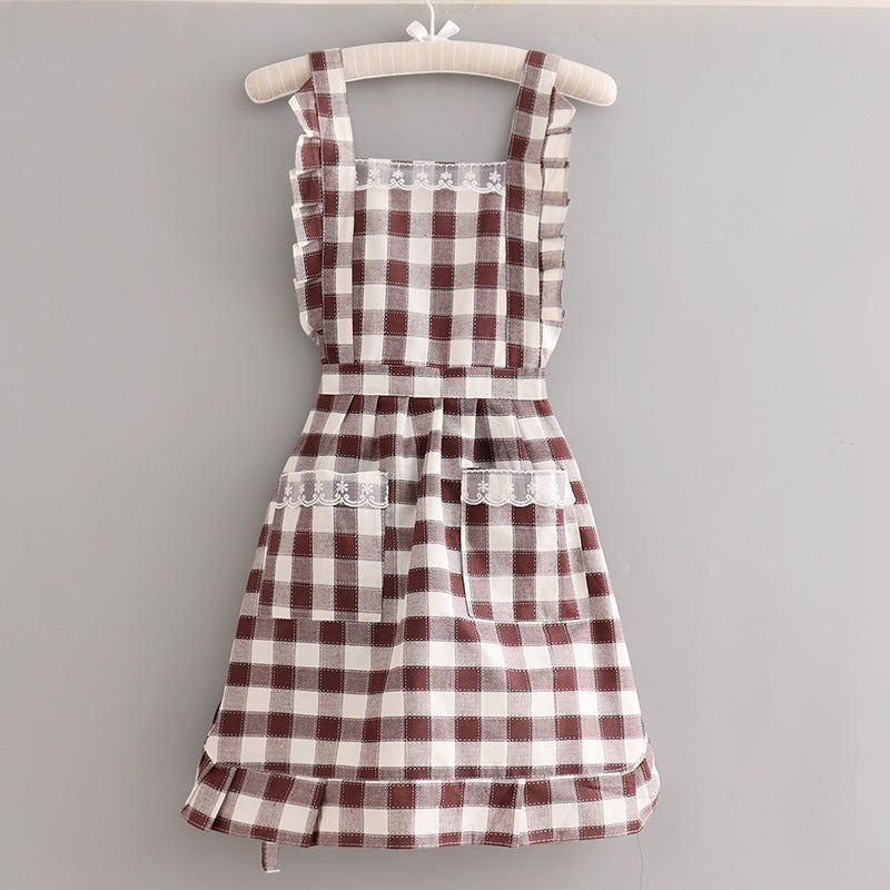 Cream farmhouse cotton apron with ruffled straps, rustic country style for home cooks
