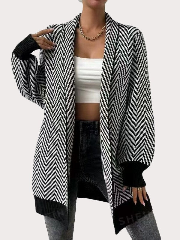 Women’s Open Front Cardigan - Long Sleeve - Geometric Pattern - Urbann-Vibe