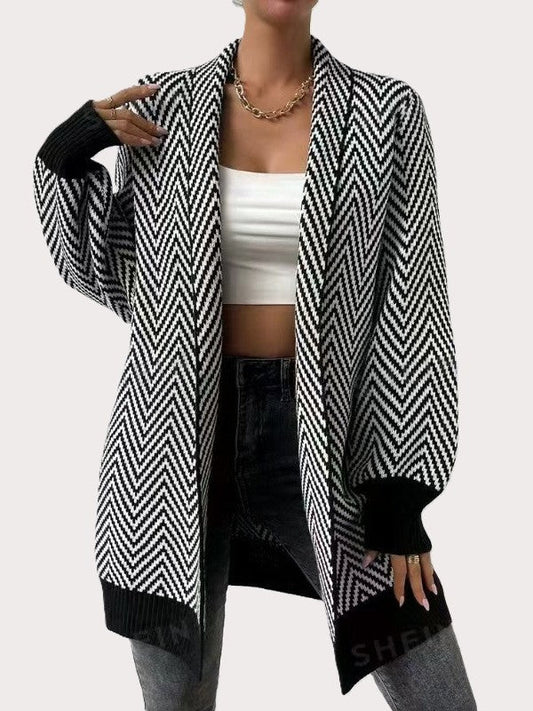 Women’s Open Front Cardigan - Long Sleeve - Geometric Pattern - Urbann-Vibe