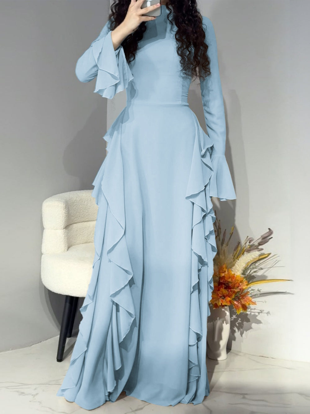 Women's elegant solid high waist trumpet sleeve dress with ruffles and half collar irregular skirt