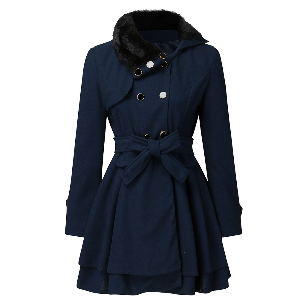 Women's beige layered trench coat double-breasted belted waist with flowing tiered hem