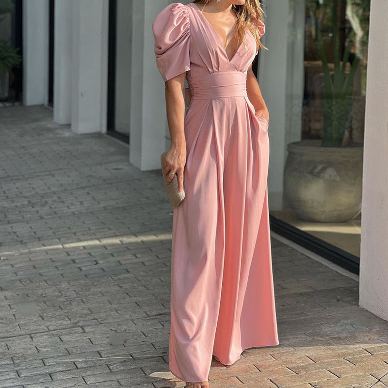 Women's wide-leg jumpsuit V-neck puff sleeves cinched waist elegant versatile style with pockets