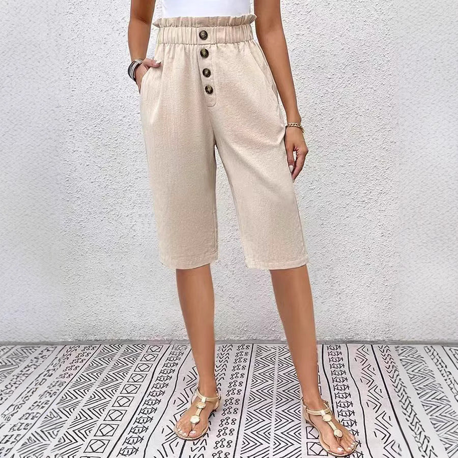 Women's relaxed fit Bermuda shorts elastic waistband lightweight linen-blend fabric everyday comfort