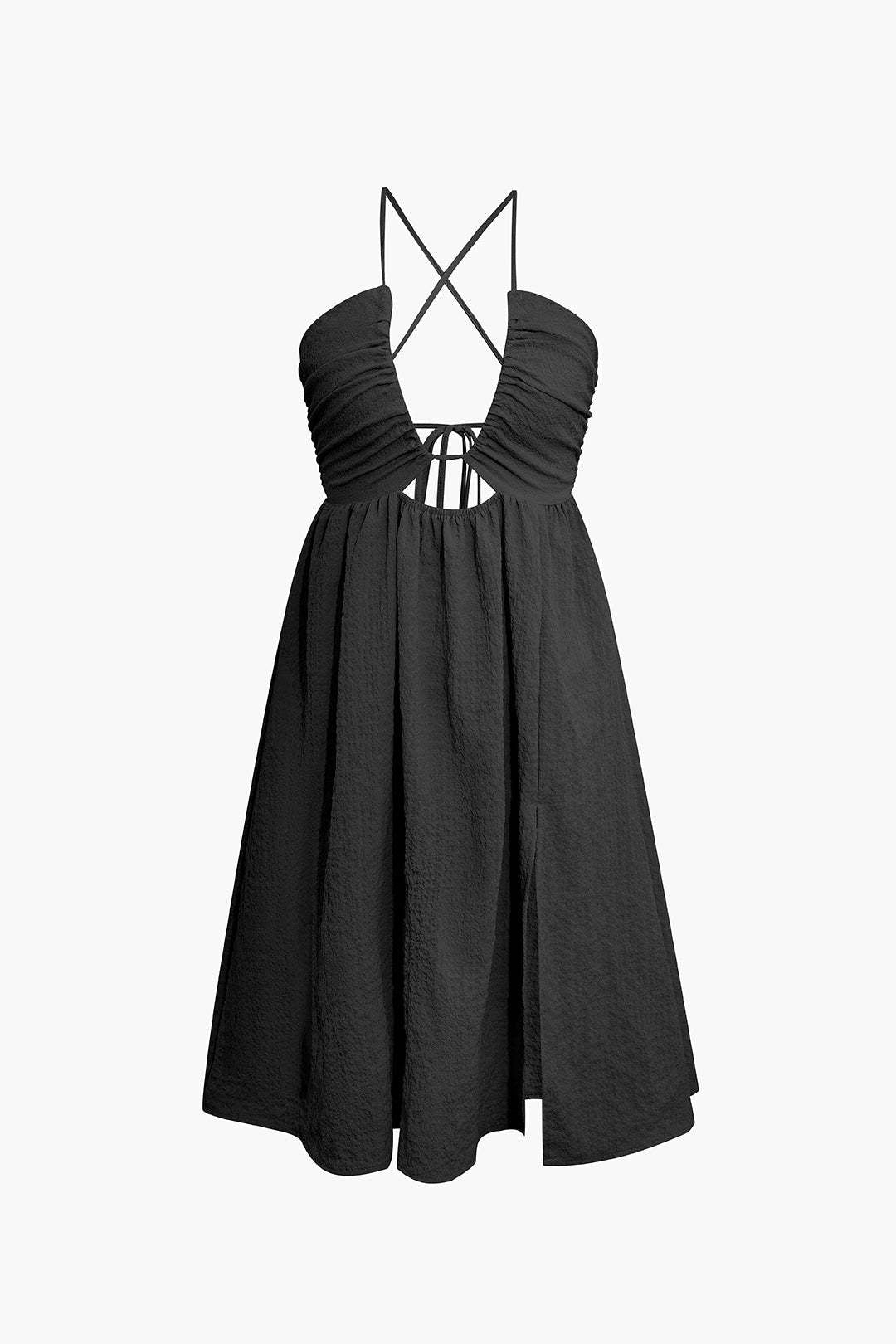 Women's midi dress with V-neckline, spaghetti straps, cutout detail and side slit for effortless style