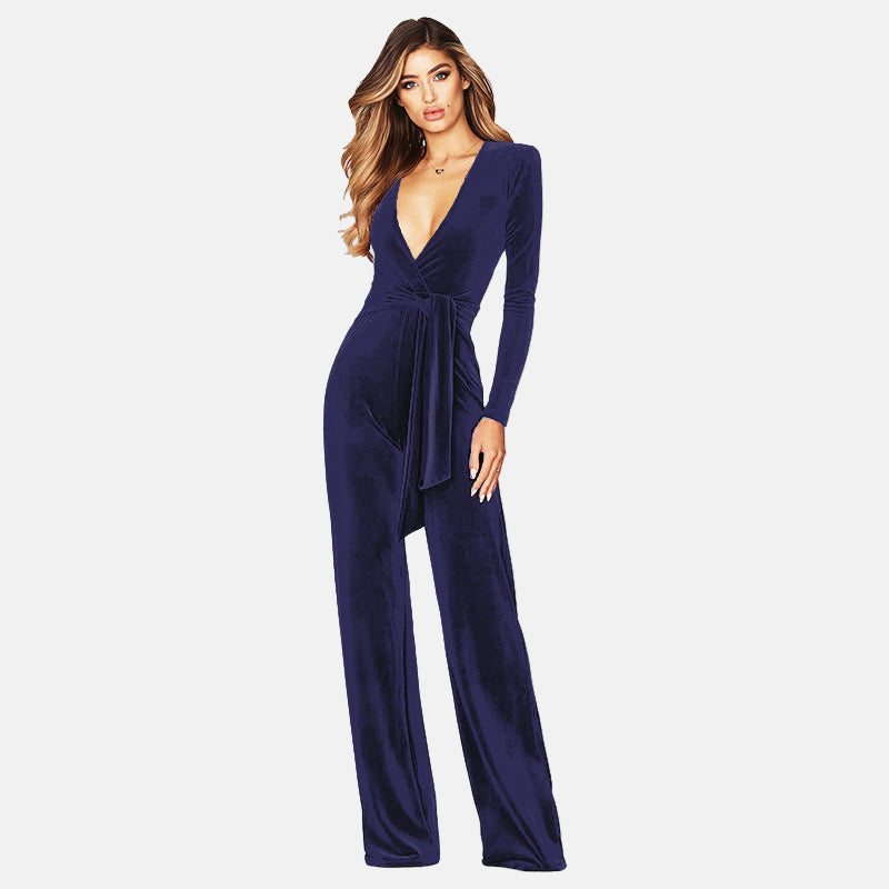 Women's burgundy velvet wide-leg wrap jumpsuit with deep V-neckline for elegant evenings