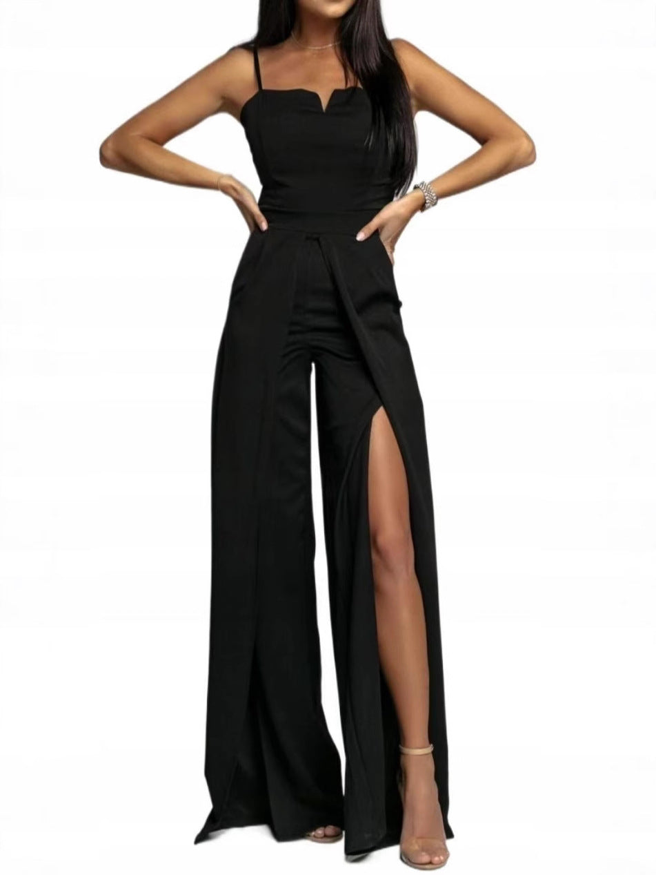 Women's black strapless slim-fit wide-leg jumpsuit with front slit for elegant evening style