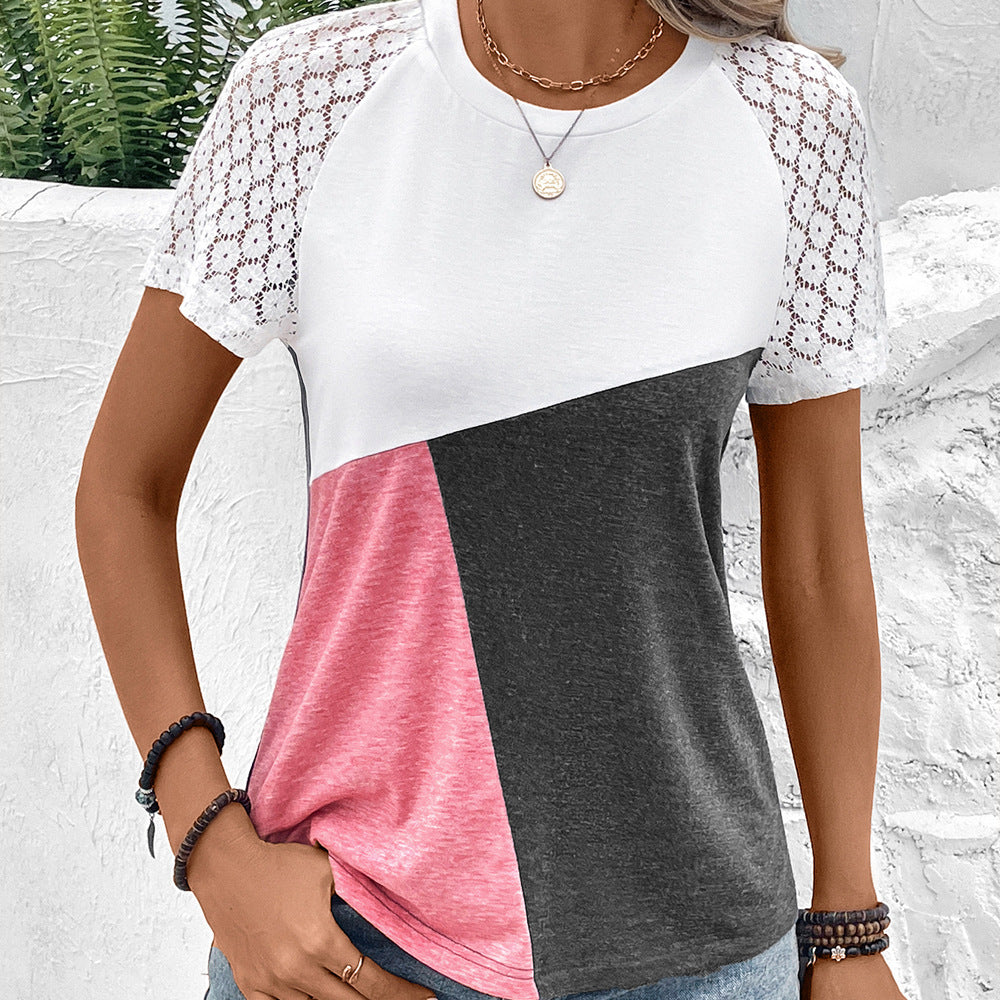 Women's relaxed fit cotton blend tee with delicate lace sleeves and classic round neck casual style