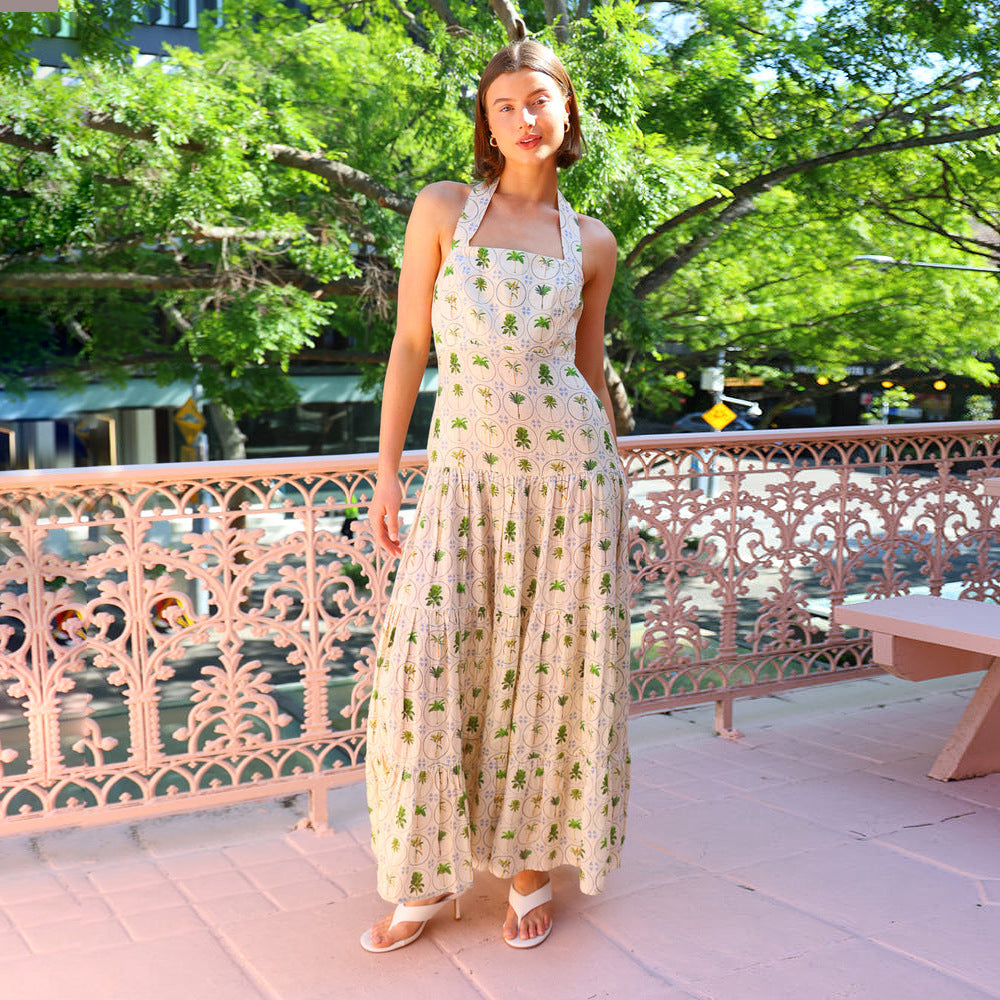 Women's white halterneck smock dress lightweight breathable cotton open back A-line summer style