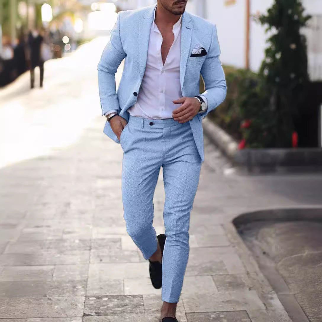 Men's slim fit 2-piece suit notch lapel single breasted blazer tapered trousers formal wear
