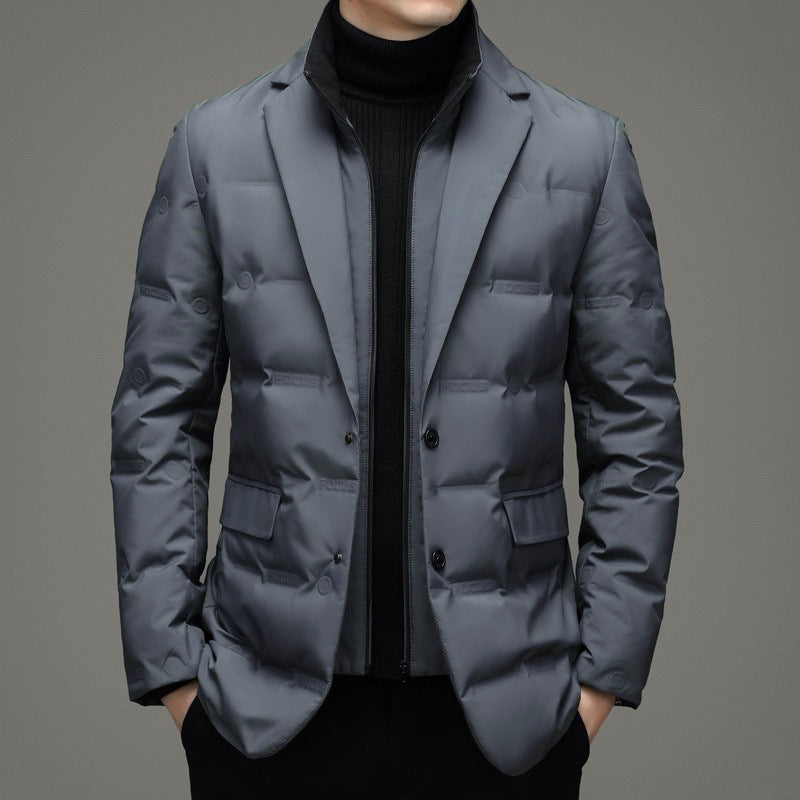 Men's black quilted insulated windbreaker tailored fit with two-button closure sleek modern silhouette