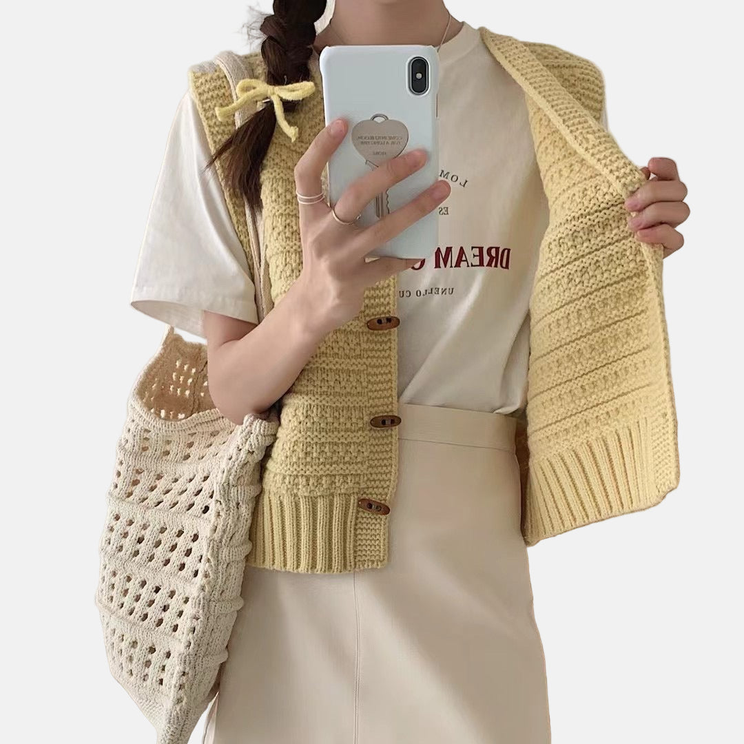 Women's knitted button-front vest V-neck cozy acrylic blend layer in versatile everyday style