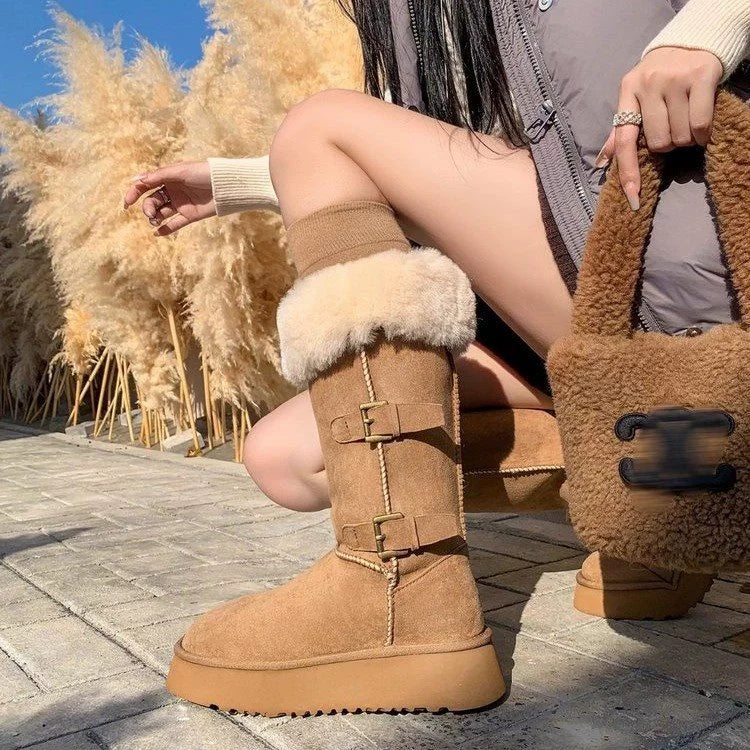 Women's brown suede mid-calf winter boots with silver buckle detail and cozy plush faux-fur lining
