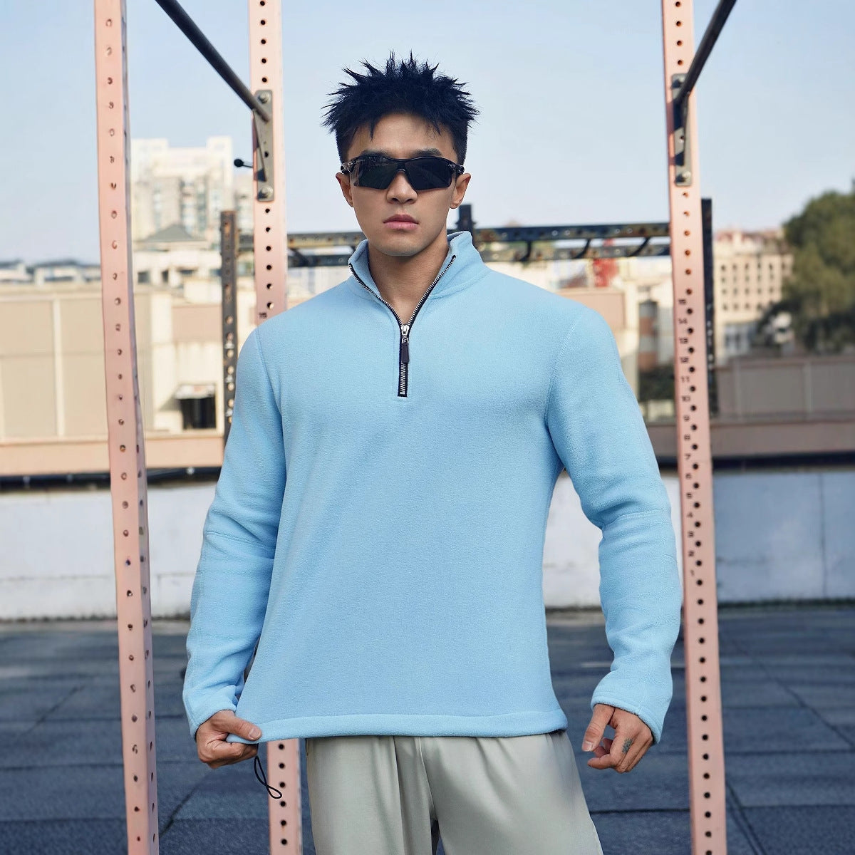 Men's gray fleece pullover high collar quarter-zip relaxed fit soft warm casual everyday comfort