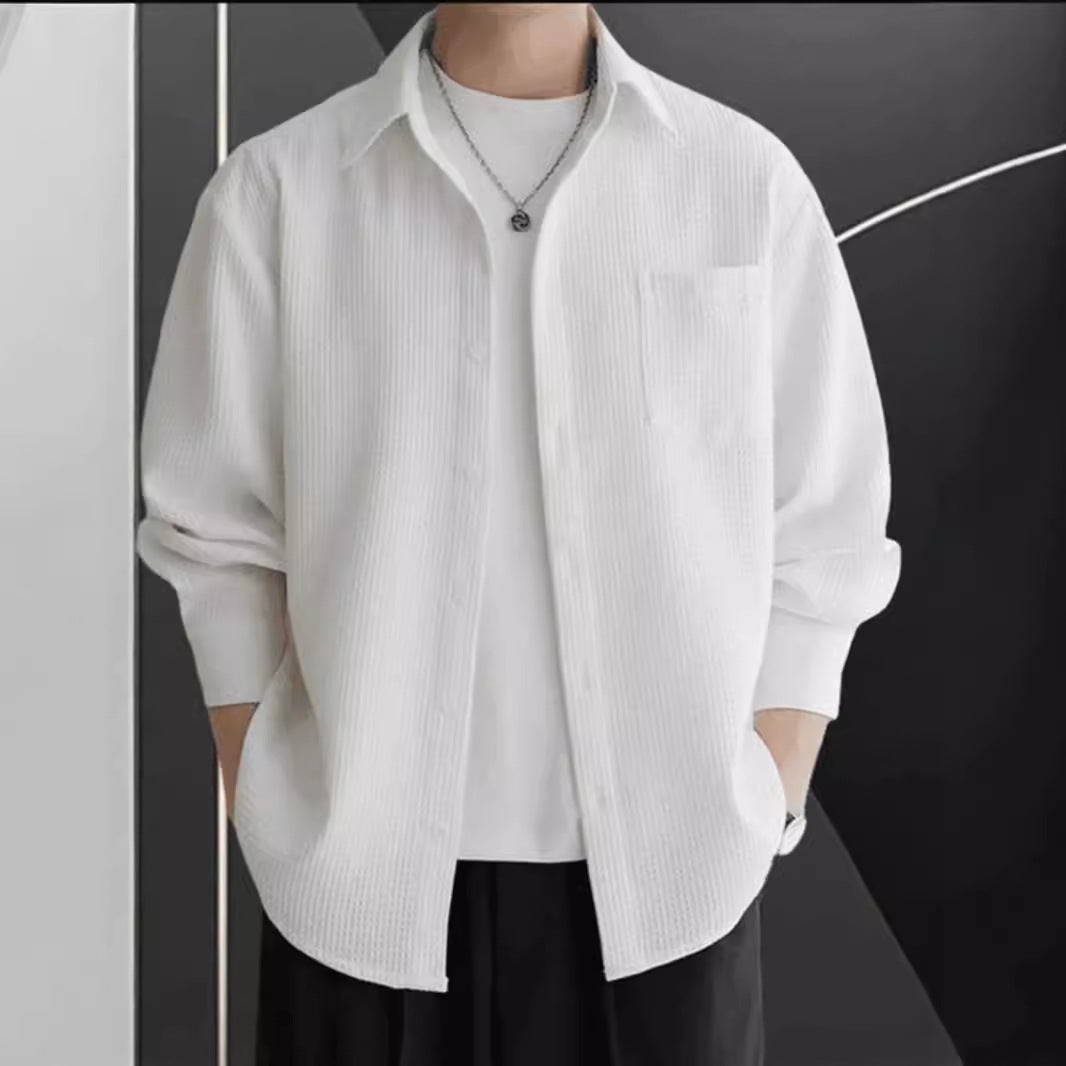 Men's beige oversized waffle knit shirt long sleeve button closure casual relaxed fit everyday wear