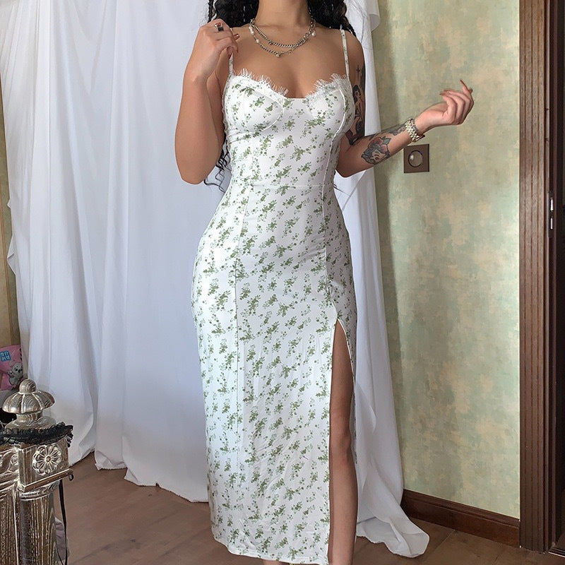 Women's floral midi dress tailored fit sweetheart neckline front slit straps summer cotton blend