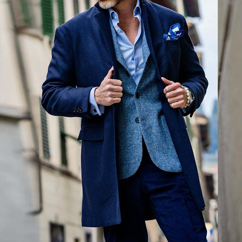 Men's charcoal wool coat tailored mid-length cut classic lapel formal professional style