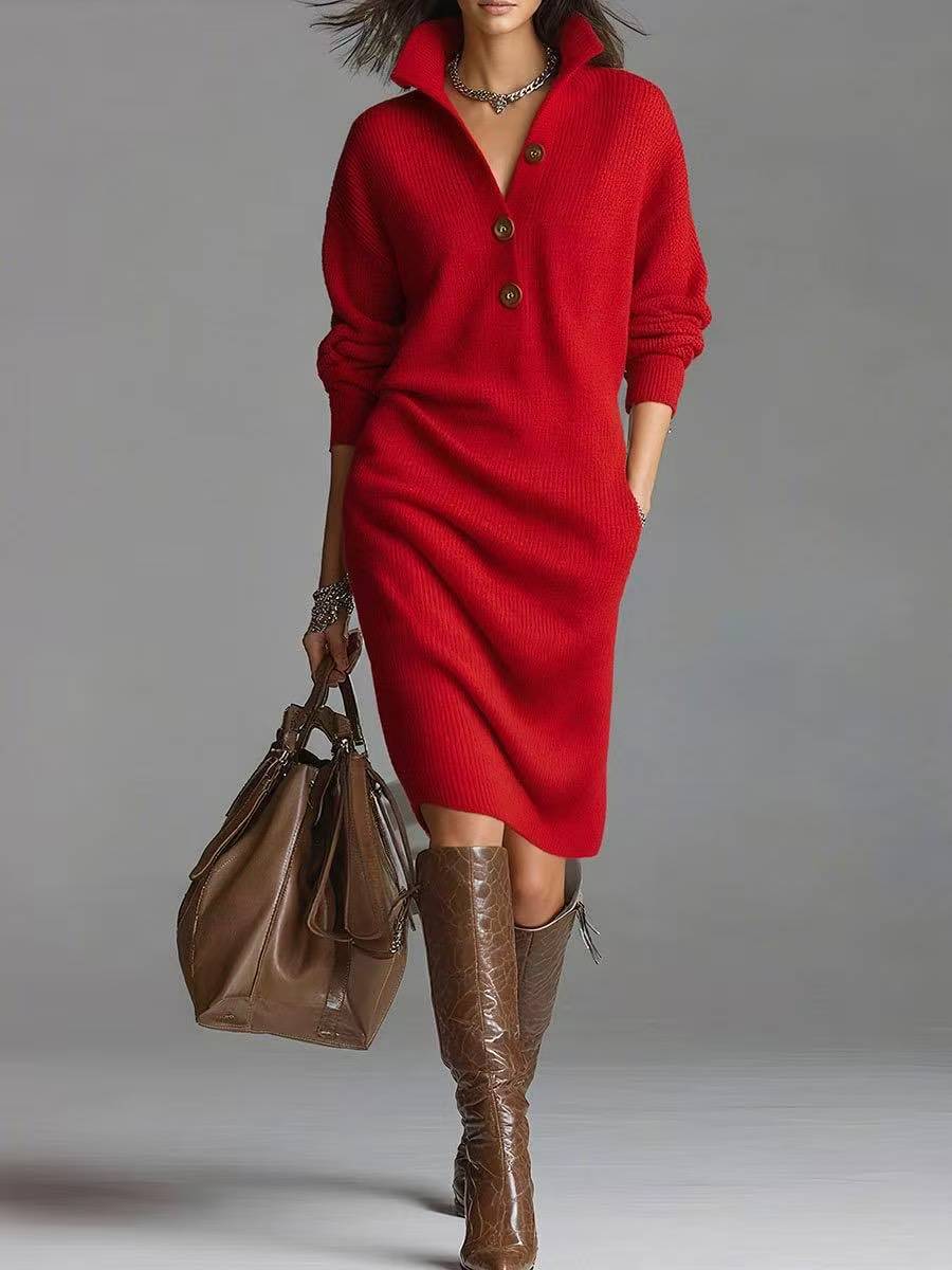 Women's knit button-front midi dress in soft neutral tones with collared neckline and relaxed silhouette