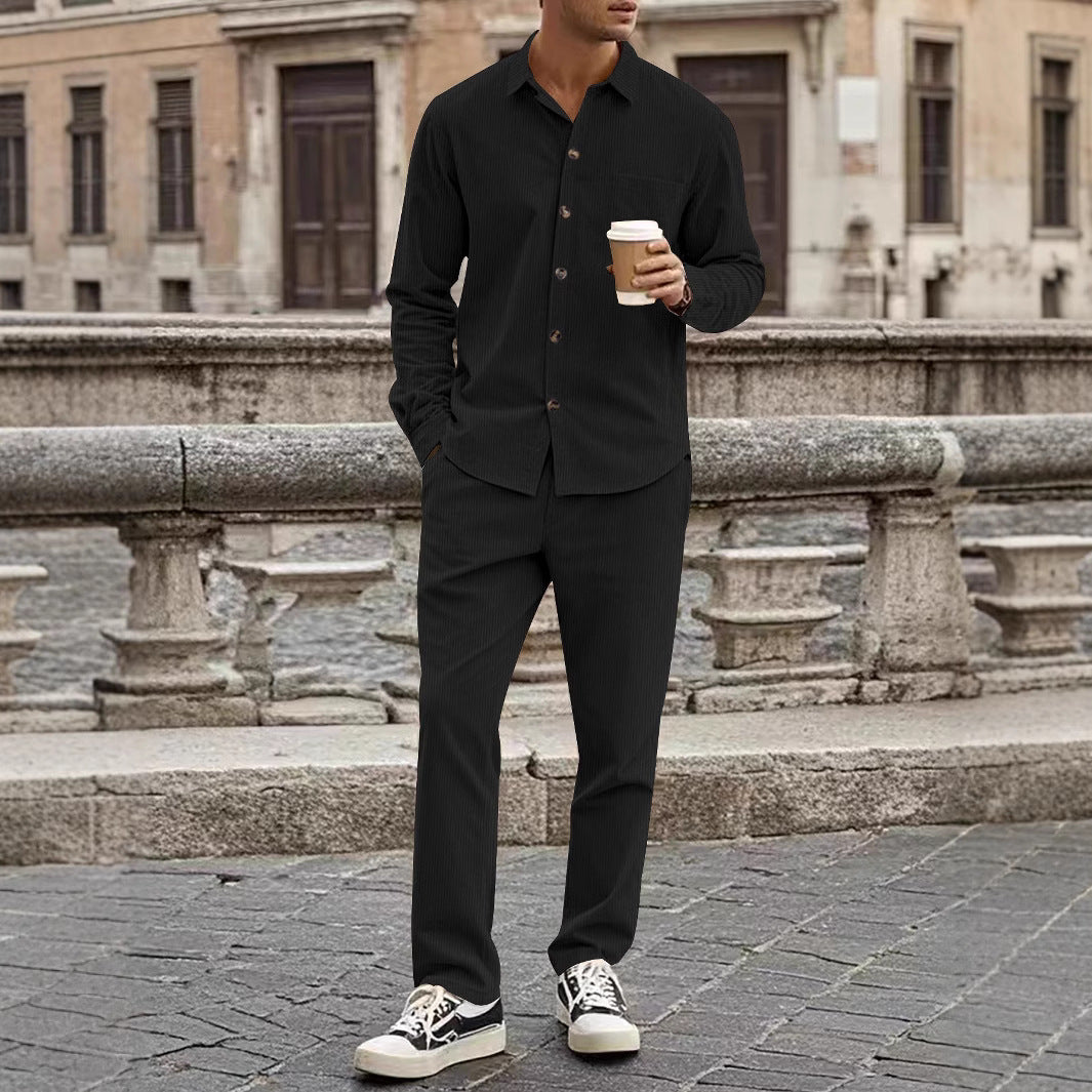 Men's brown corduroy matching shirt and pants set relaxed fit Nordic casual fall winter style