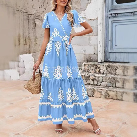 Women's floral maxi dress V-neck A-line silhouette with double-tiered ruffles lightweight boho beach style