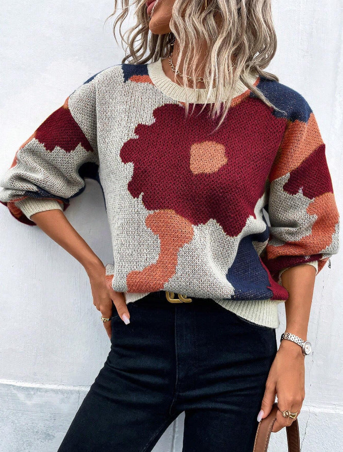 Women's floral print pullover sweater cozy soft knit feminine vibrant pattern all-season comfort