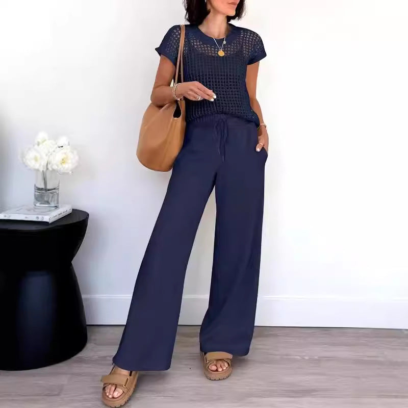 Women's open knit short sleeve top and wide leg trousers set, relaxed breathable two-piece everyday outfit
