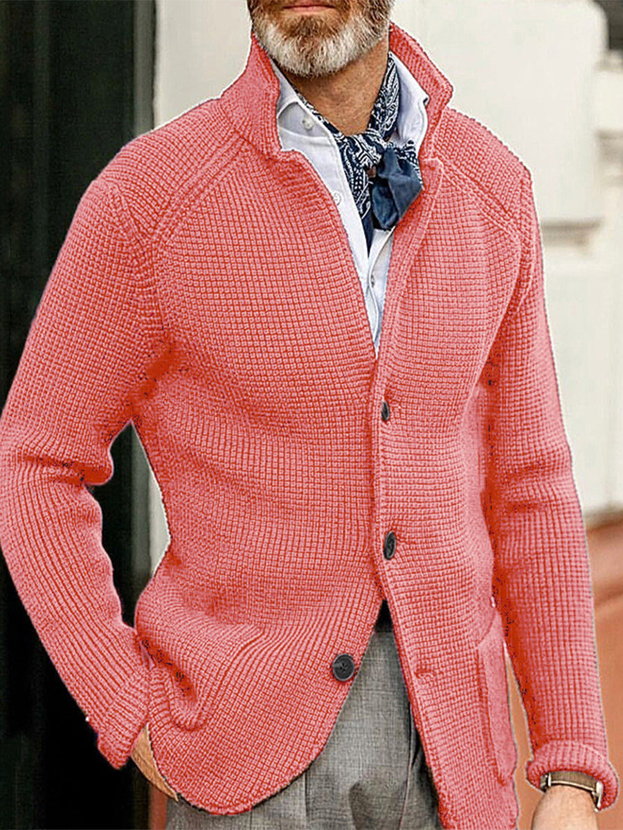 Men's slim fit textured knit cardigan with stand collar and patch pockets, long sleeve layering piece