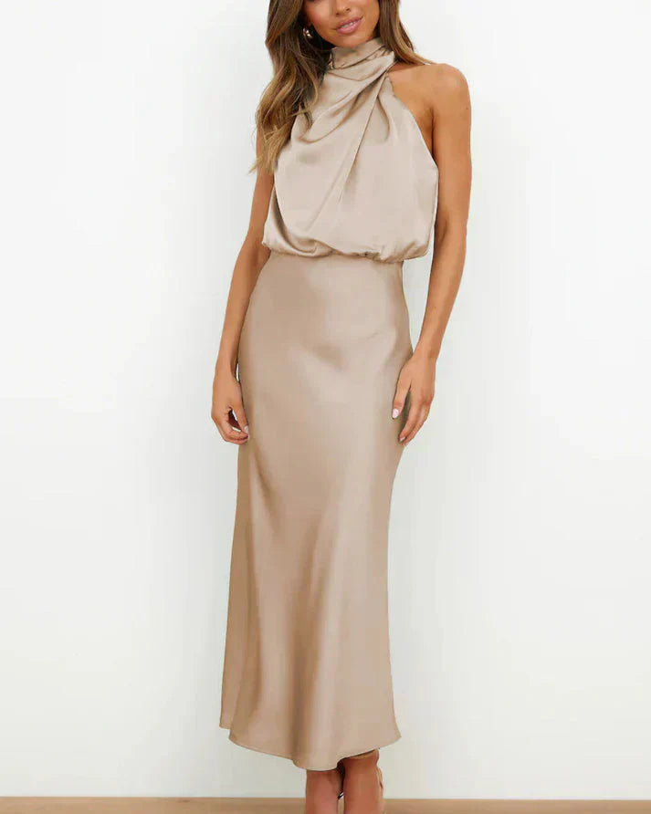 Elodie satin maxi dress women sleeveless elegant flowing gown glossy luxury fabric spring evening