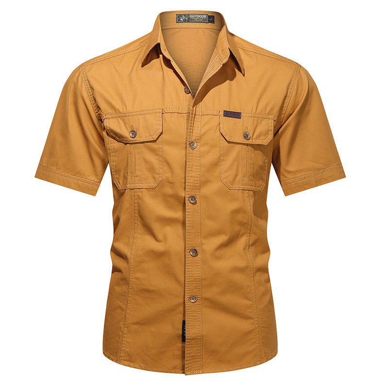 Men's relaxed fit cotton blend short sleeve shirt with dual chest pockets, versatile everyday style