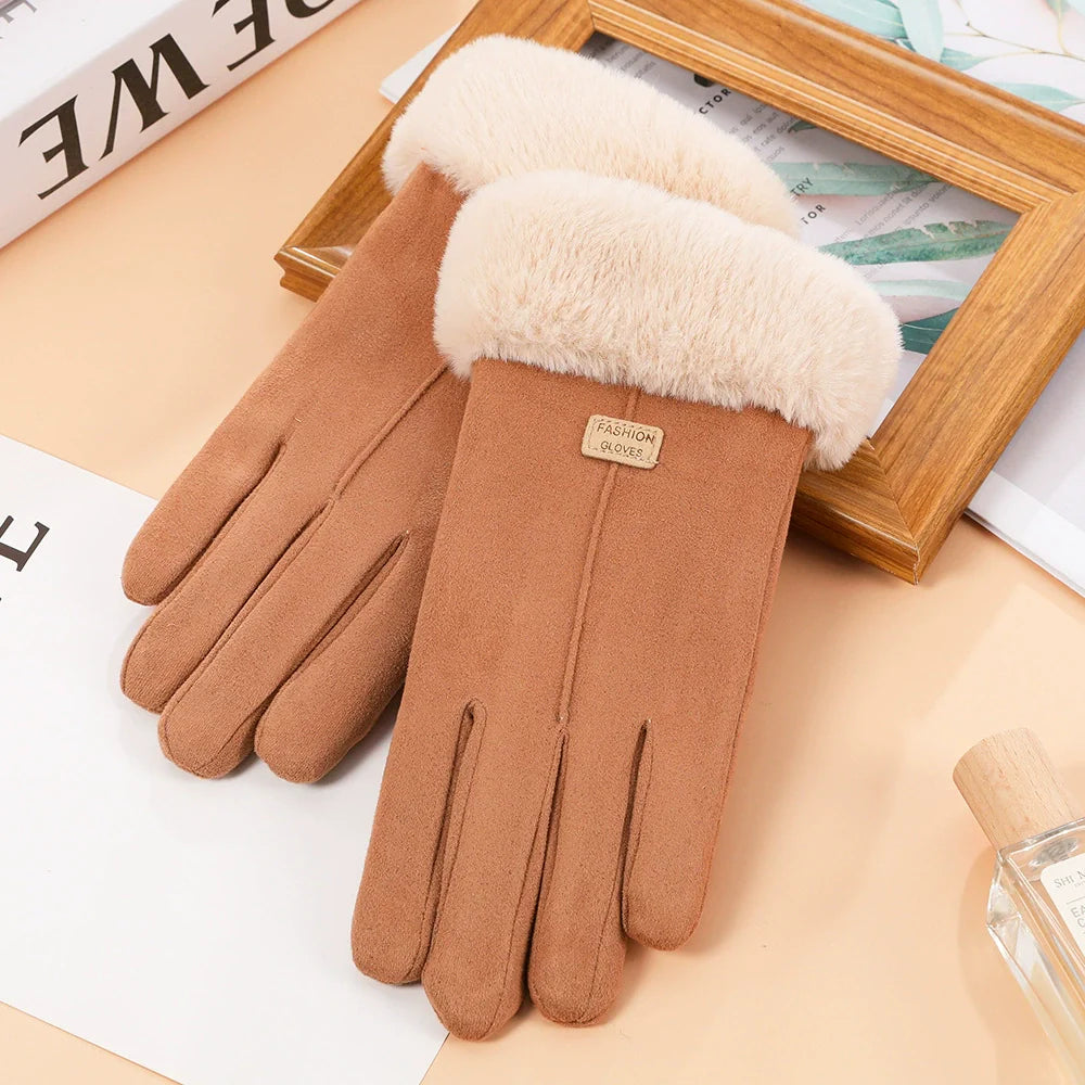 Women's fitted winter gloves suede finish plush faux fur cuff wrist-length cozy warmth
