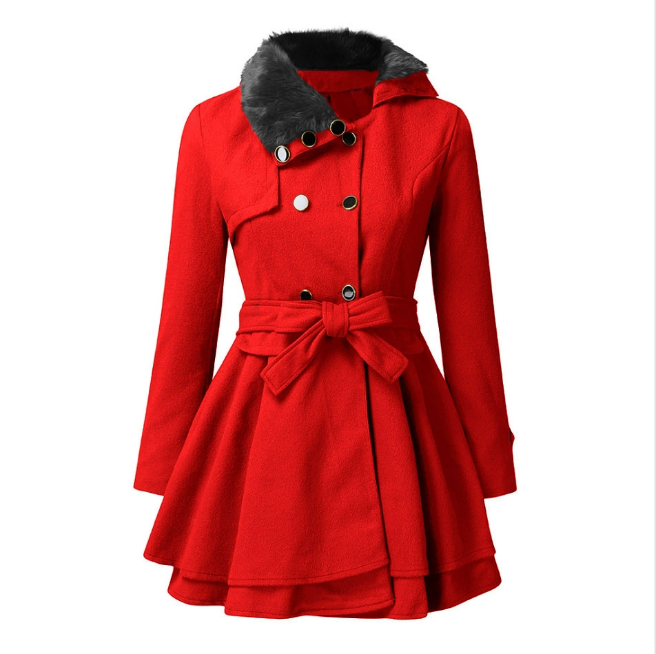 Women's beige layered trench coat double-breasted belted waist with tiered hem movement
