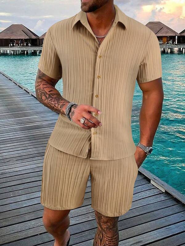 Men's navy blue relaxed fit cotton blend button-down shirt and shorts matching summer set