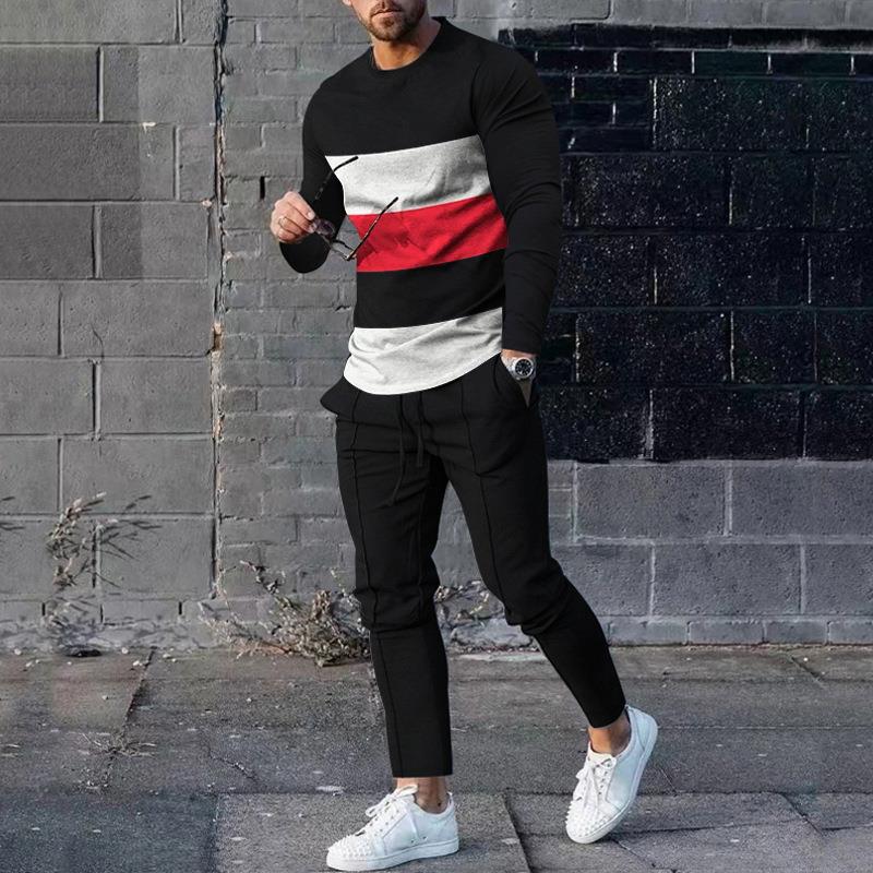 Men's slim-fit two-piece tracksuit set with bold 3D print pullover and tapered stretch pants