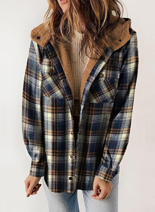 Women plaid wool blend coat relaxed fit with plush lined hood in classic fall winter style