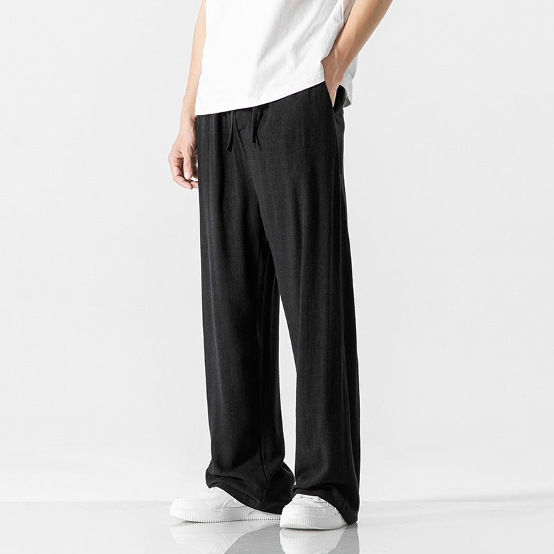 Men's loose fit linen blend trousers with drawstring waist, breathable full-length casual pants