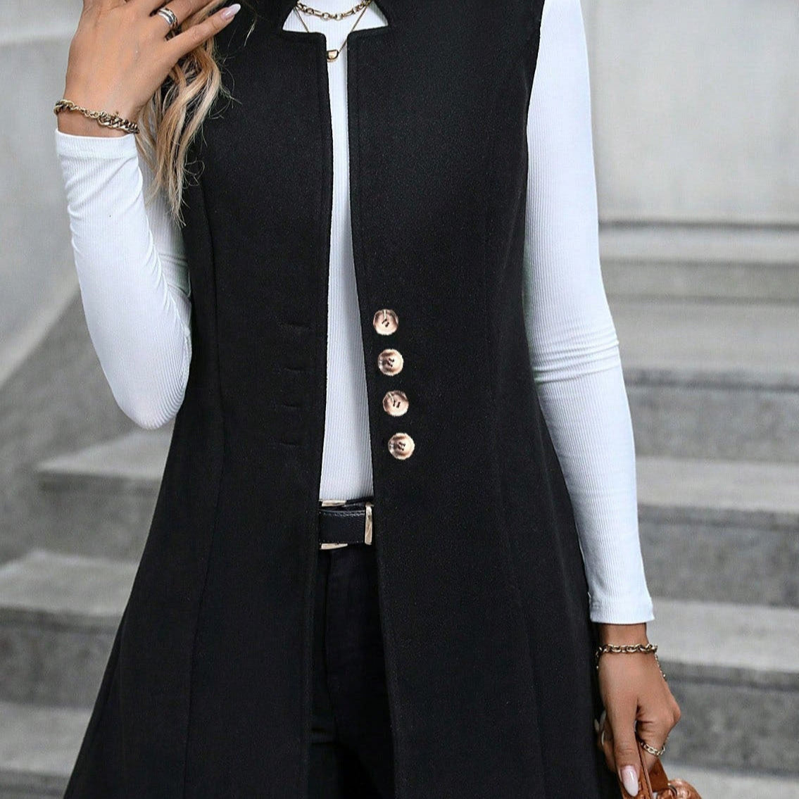 Women's tailored sleeveless knee-length vest, polished professional silhouette for office wardrobe