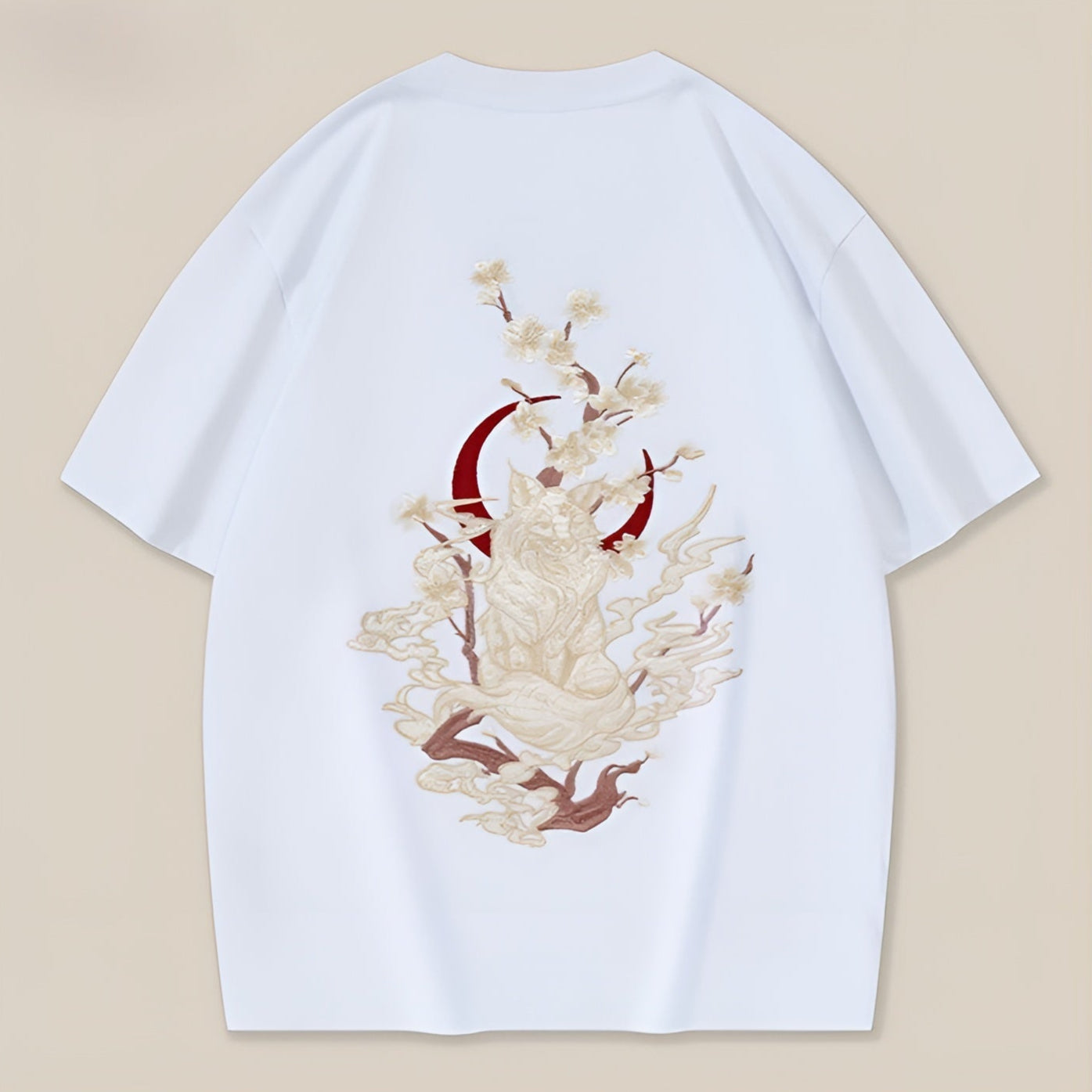 White oversized cotton t-shirt with delicate Sakura blossom embroidery, casual everyday women's style