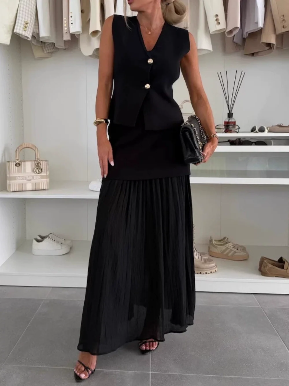 Women's knitted vest pleated tulle patchwork skirt suit elegant office wear solid color polyester