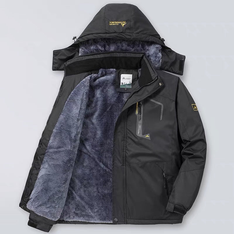 Men's navy waterproof hooded jacket regular fit wind-resistant shell with zip pockets for outdoor use