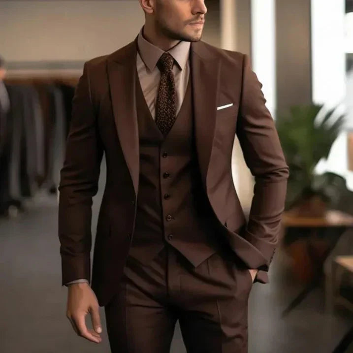 Men's navy 3-piece classic fit wedding suit with two-button blazer, waistcoat, and matching trousers