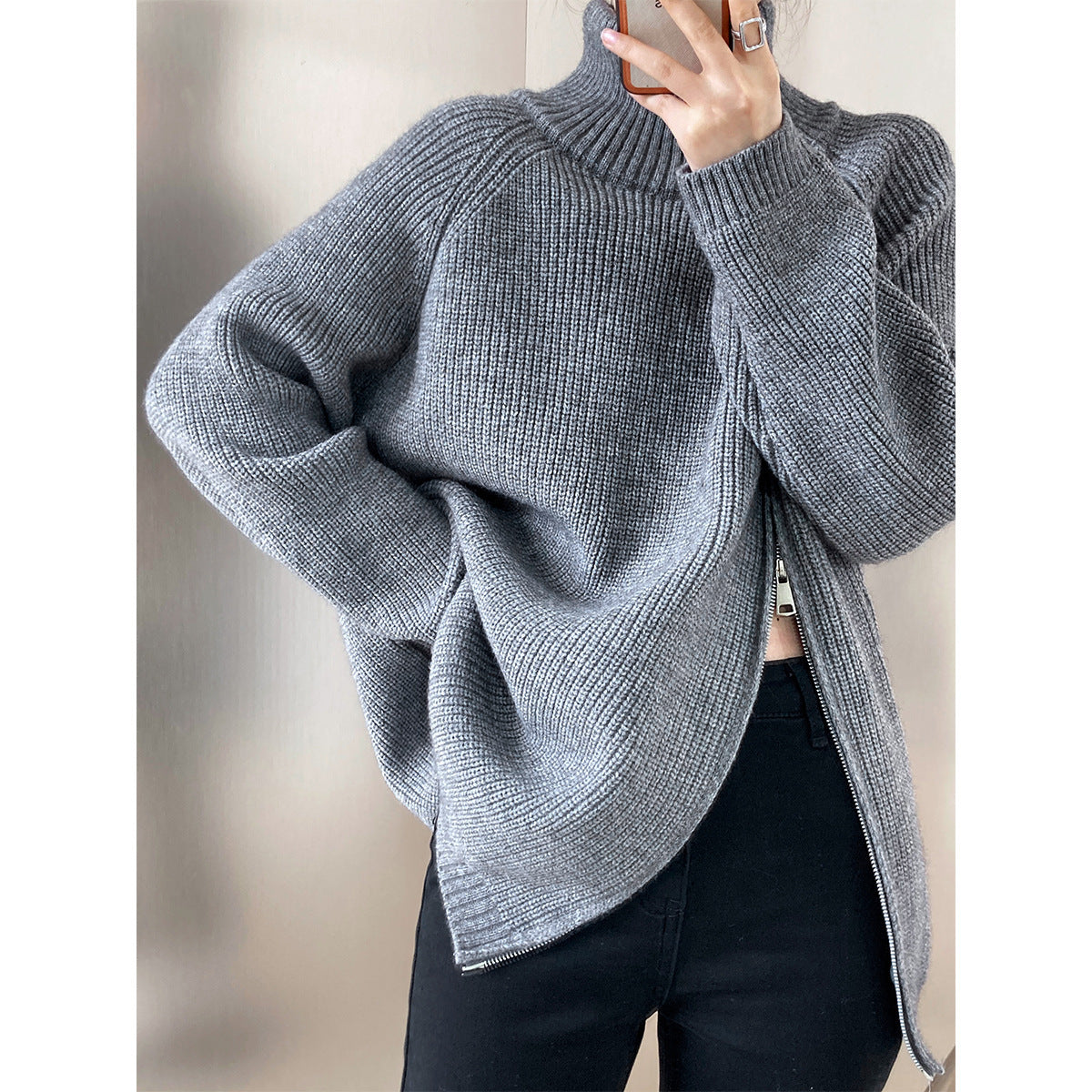 Women's wool blend oversized knit sweater high collar side zipper cozy winter style