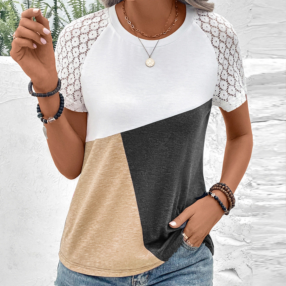 Women's relaxed fit cotton blend tee with delicate lace sleeves and classic round neck casual style