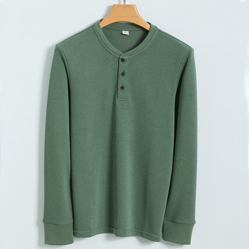 Men's camel waffle knit henley sweater relaxed fit with three-button placket for layering