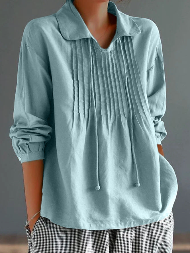 Women's relaxed-fit cotton linen long sleeve shirt with pleated front detail for everyday fashion