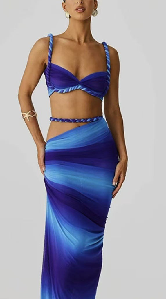 Pearl marble two-layer stretch skirt with handcrafted rope waist and asymmetrical hem for women