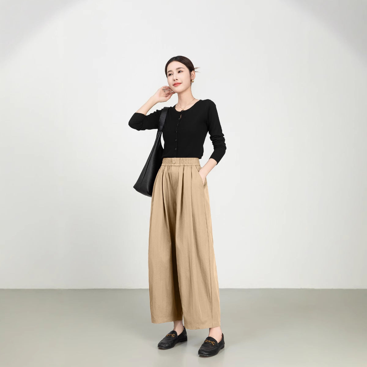 Women's wide-leg pants high waist elastic waistband lightweight cotton twill relaxed fit trousers