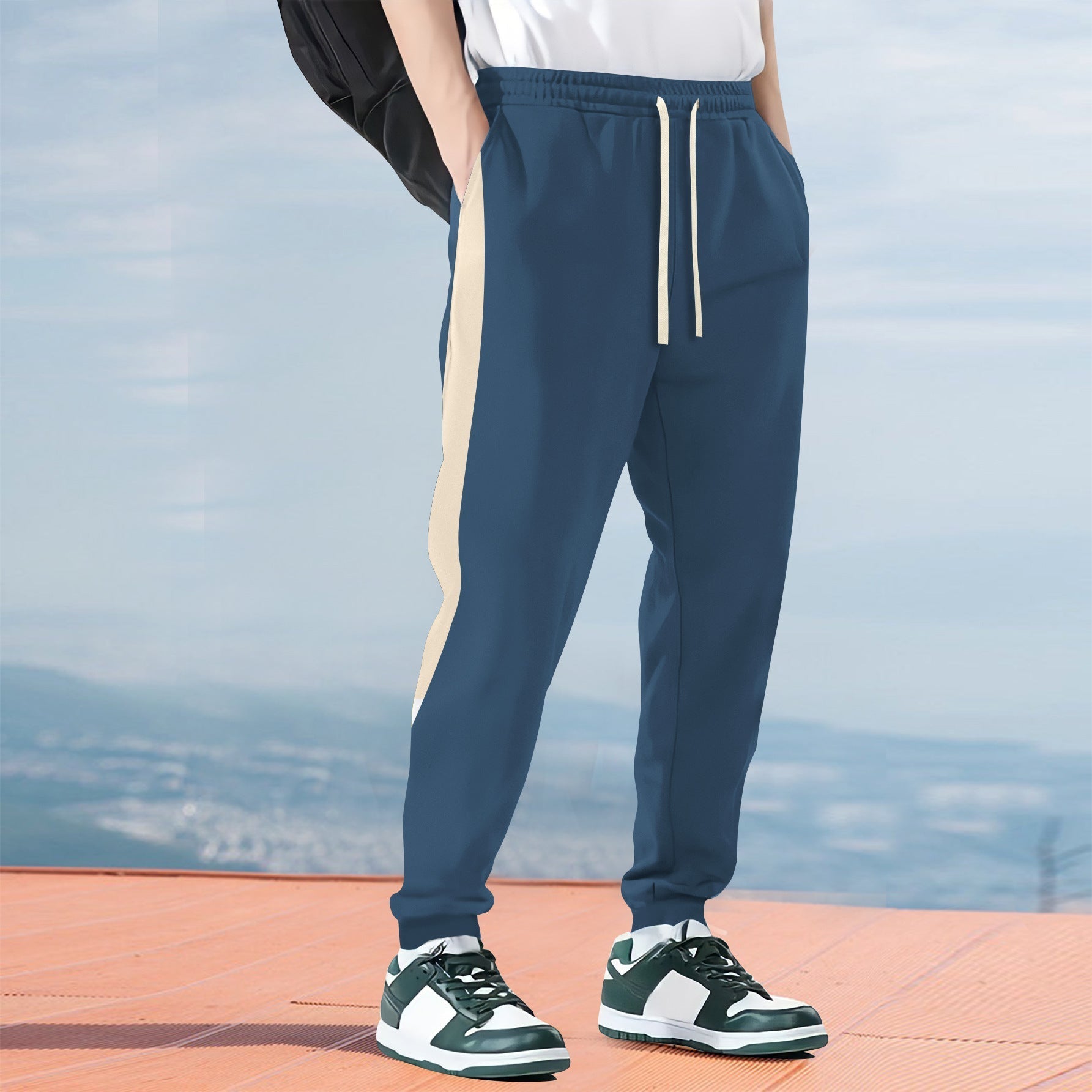 Men's relaxed fit jogging pants cotton blend side stripes adjustable drawstring casual sporty style
