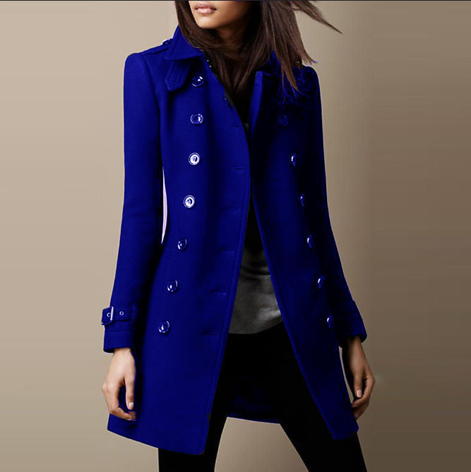 Women's double-breasted mid-length trench coat with notched collar, structured fit, classic everyday style