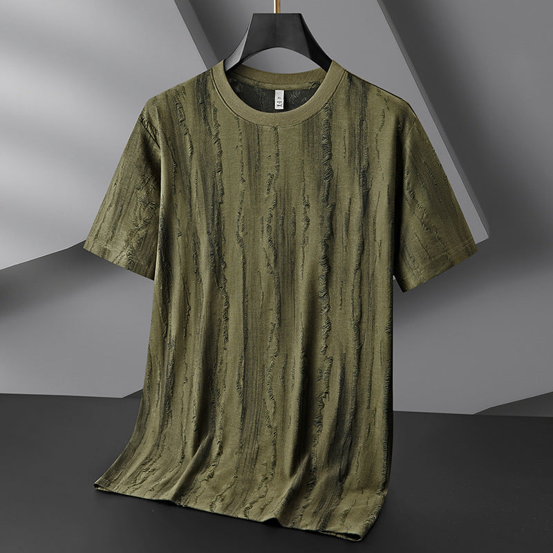 Men's distressed crew neck shirt, relaxed draped fit, lightweight polyester, subtle worn-in texture