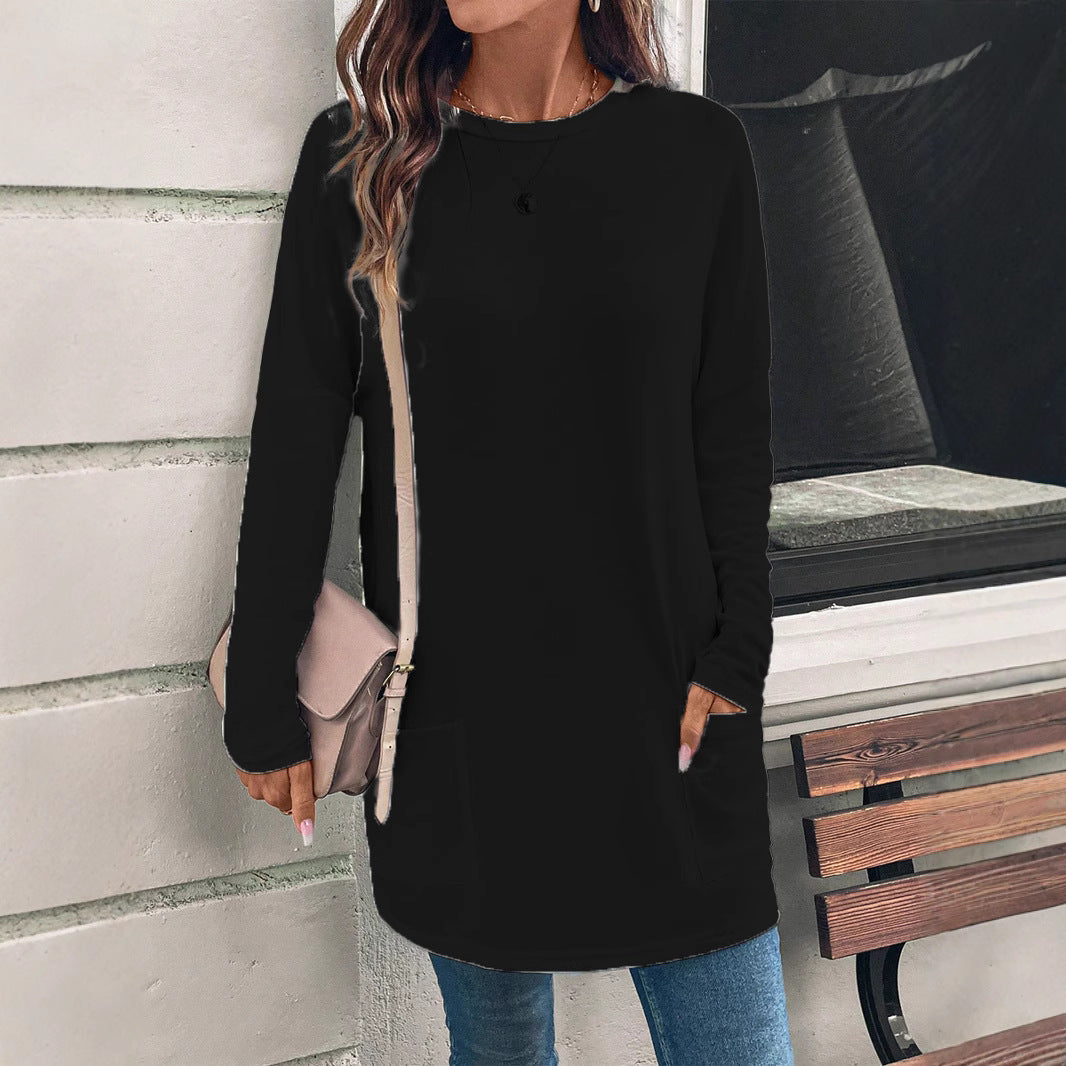 Women's relaxed fit cotton blend tunic sweatshirt with hip pockets for everyday casual comfort